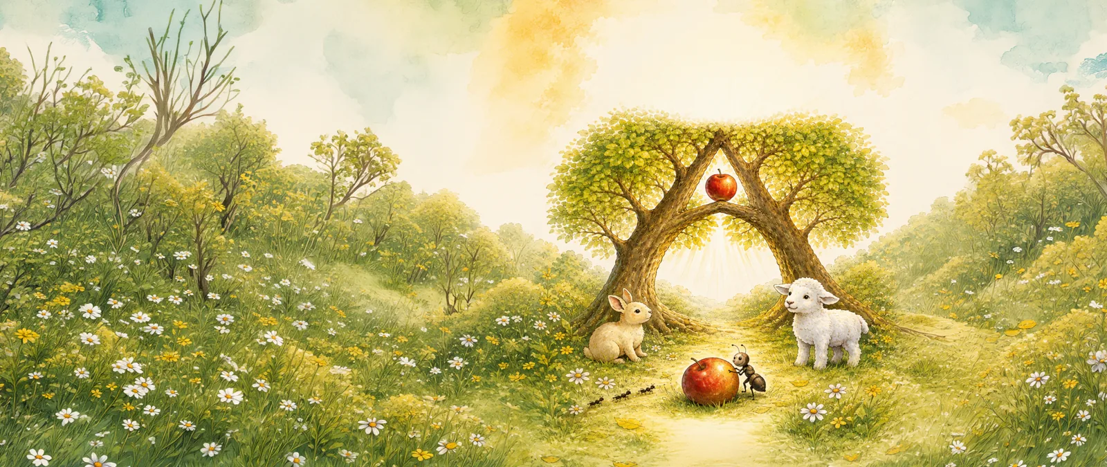An apple tree shaped like A, with a rabbit, lamb and ant in the meadow